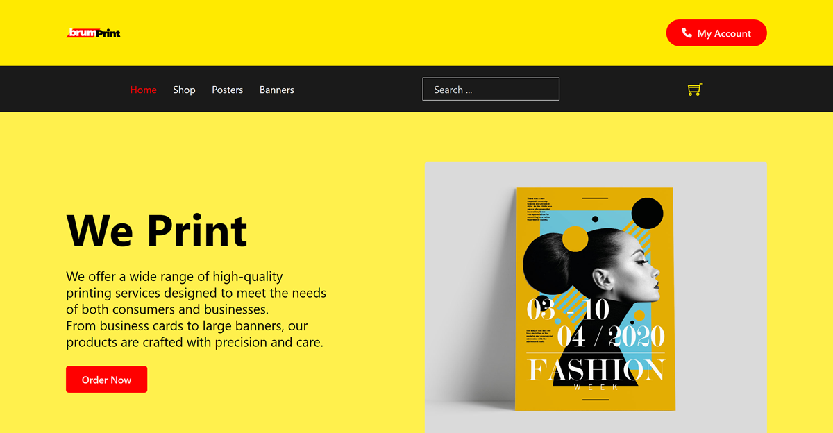 Screenshot of BrumPrint e-commerce website showing product catalog and shopping interface